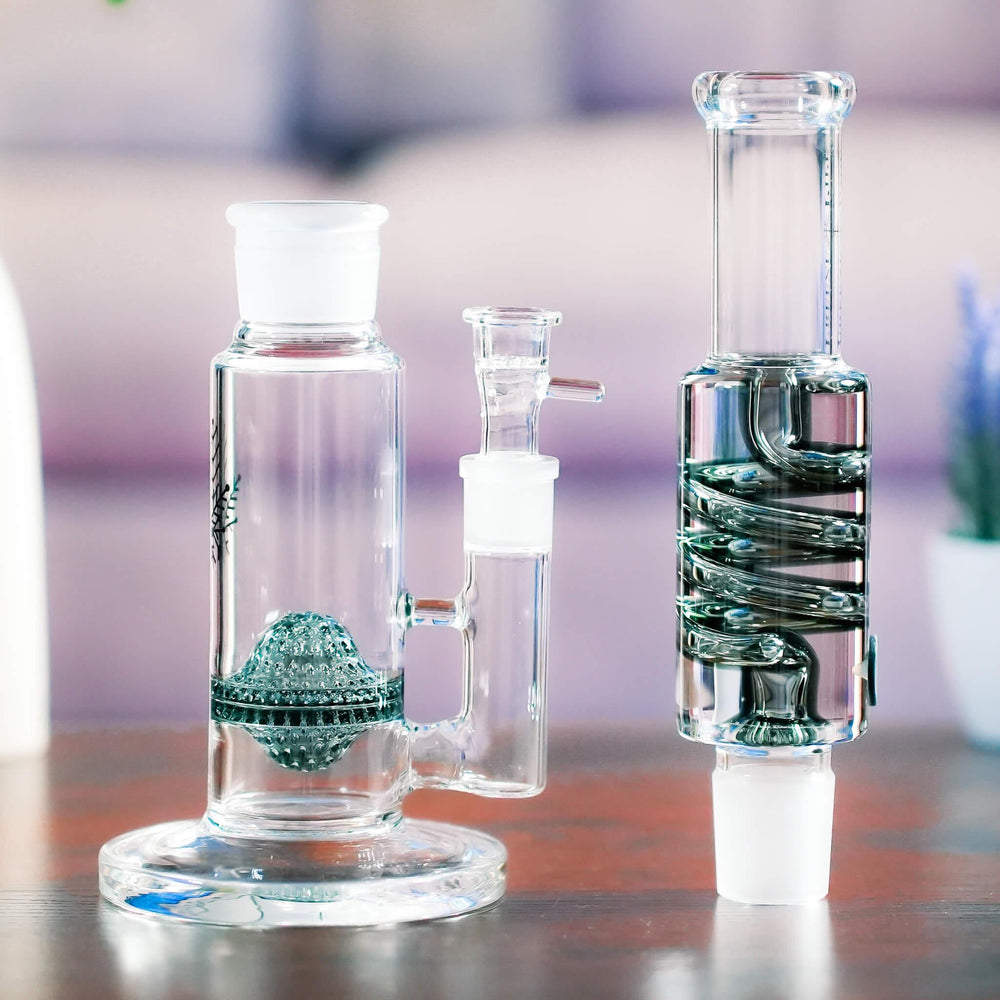 Straight Tube Bong up close, showing the Lace-Sphere perc in the base and the Spiral Coil